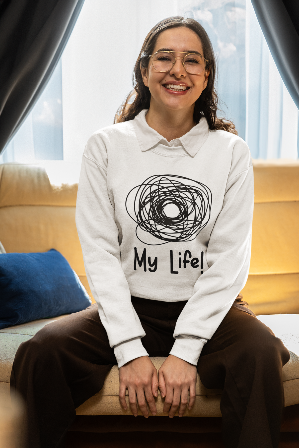 'My Life!' scribble sweatshirt in white, woman wearing it, funny gift idea