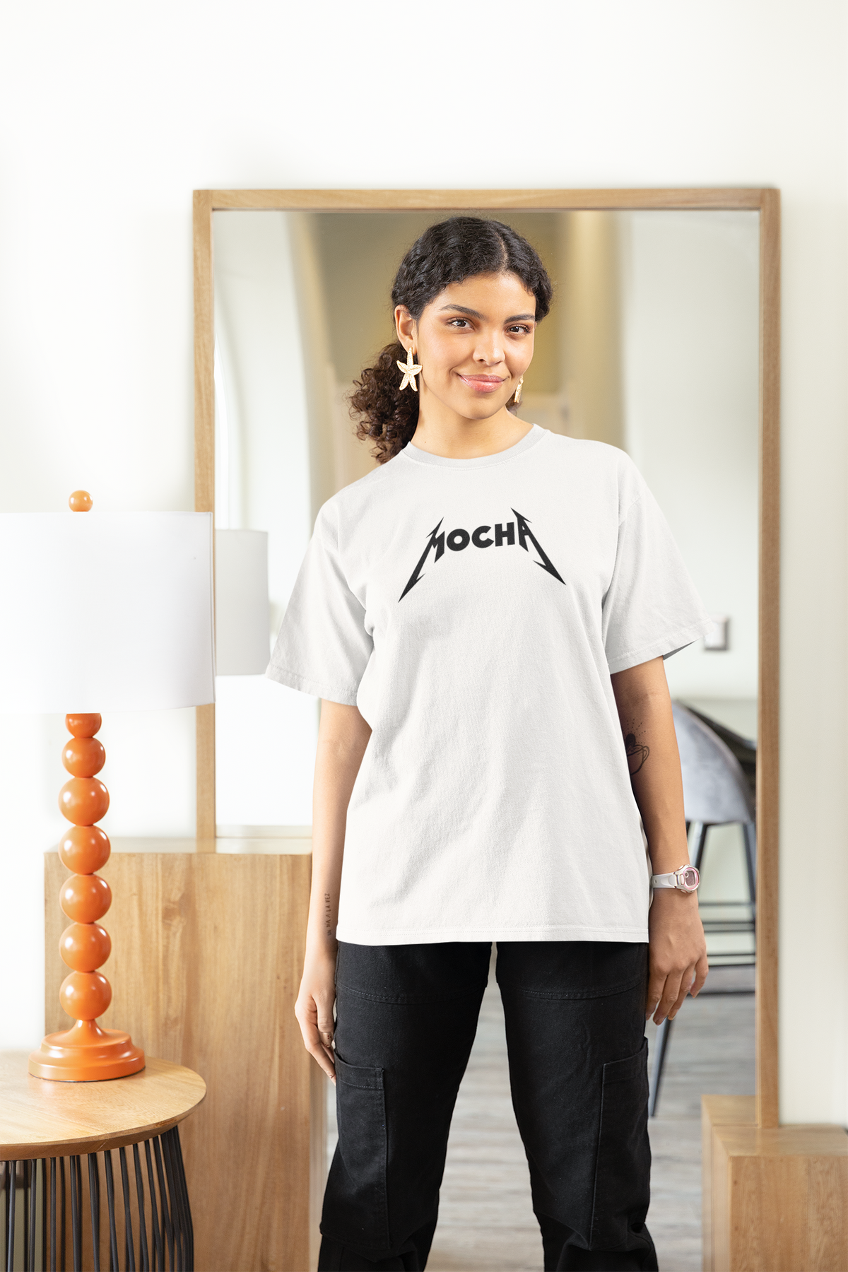 Mocha Women's Tee in white, woman wearing it at home, personalized name graphic tee gift