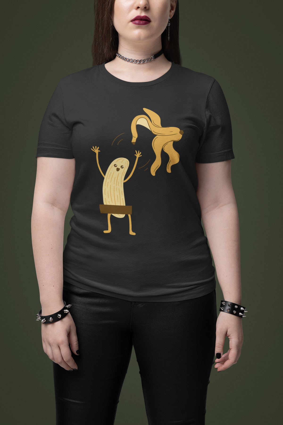 Naked Banana t-shirt in black, woman wearing it studio shot