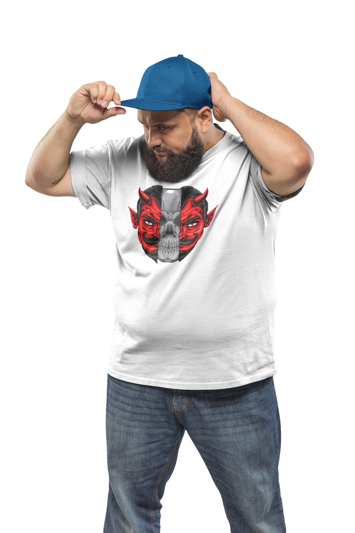Vixxan Warrior demon skull t-shirt in white, man in a cap wearing it