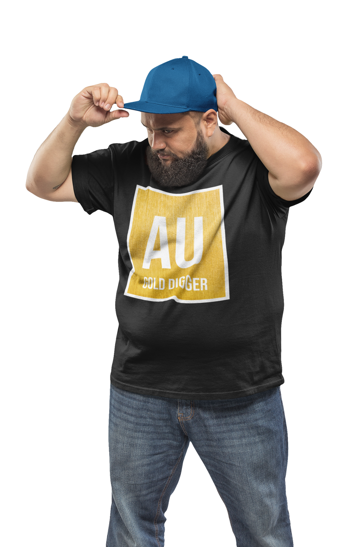 'AU Gold Digger' graphic t-shirt in black, man wearing it with baseball cap, funny science teacher gift