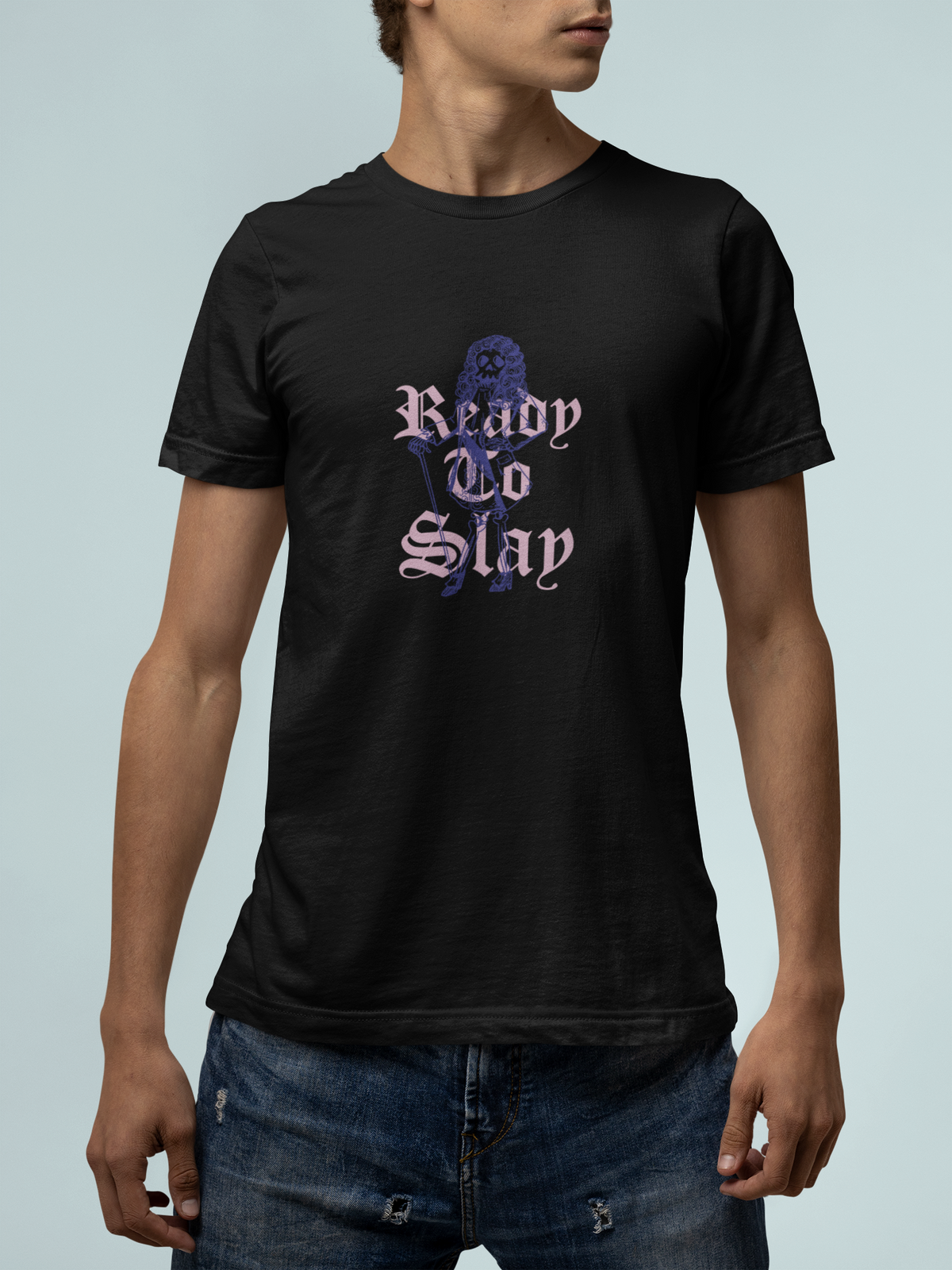 'Ready to Slay' t-shirt in black, man against a light backdrop