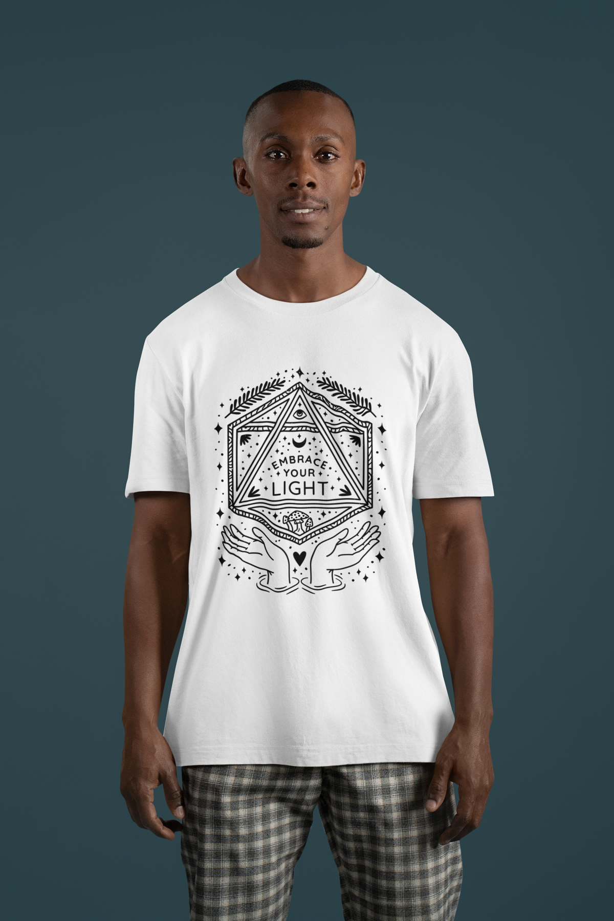 'Embrace Your Light' t-shirt in white, man wearing it studio shot