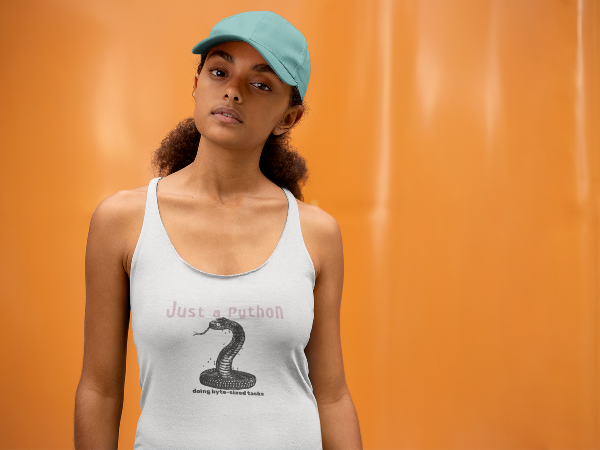 'Just a Python' racerback tank top in white, woman wearing it by an orange wall, Tank Top mockup, Geekpsters
