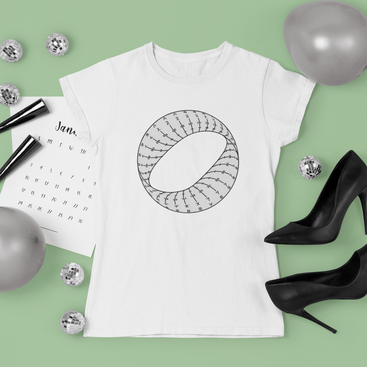 Mobius strip tee in white, flat lay styled with heels and calendar, funny gift for math lovers