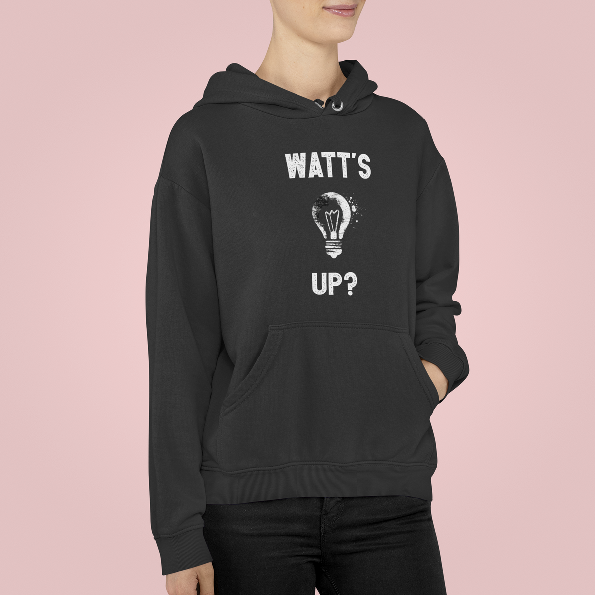 'Watt's Up?' hoodie in black, woman on pink background, funny electrician pun hoodie gift idea