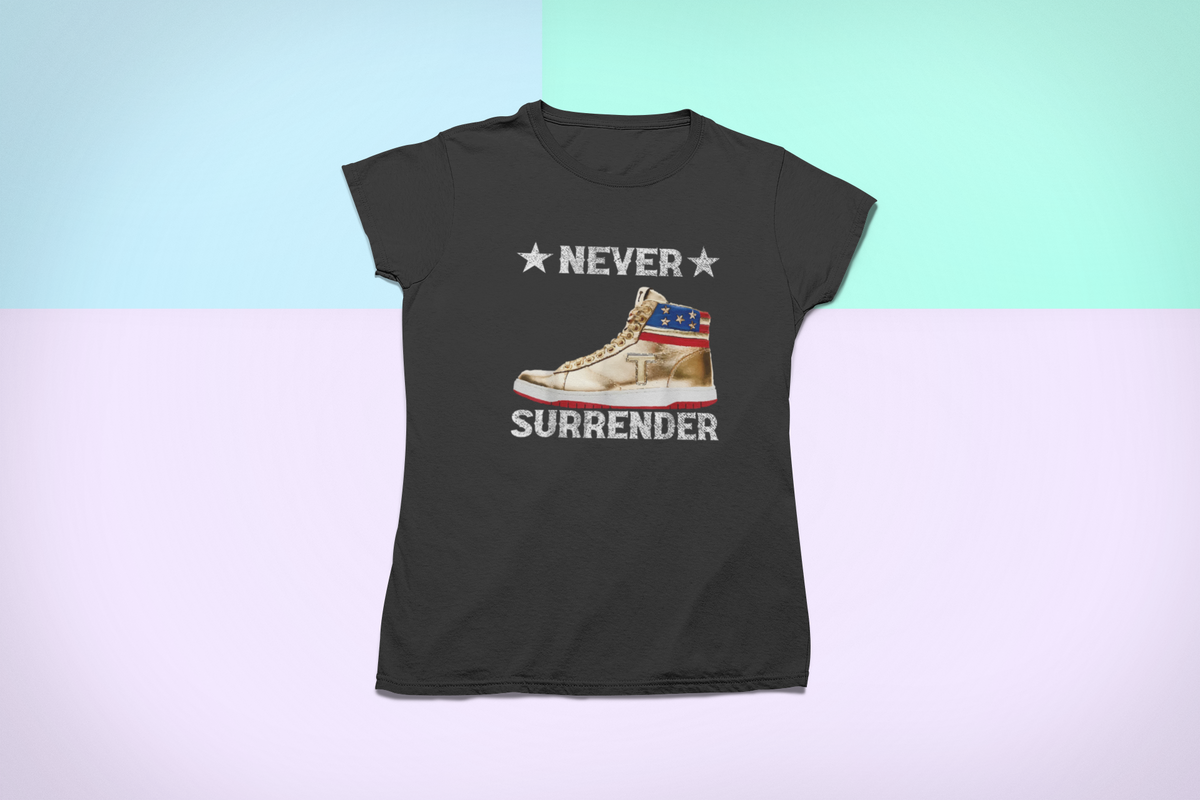 'Never Surrender' sneaker t-shirt in black, flat lay front view, gift for sneaker fans