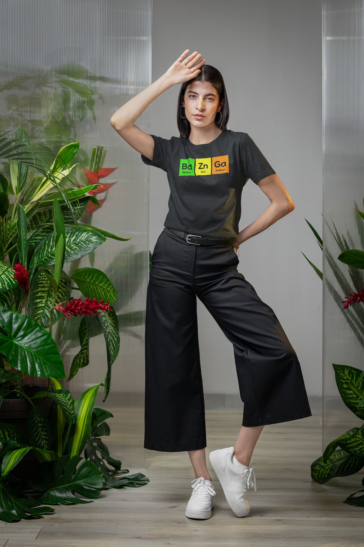 Ba-Zn-Ga Women's Fitted T-Shirt | Funny Periodic Table Bazinga Pun | Science Humor Gift for Her | Geekpsters