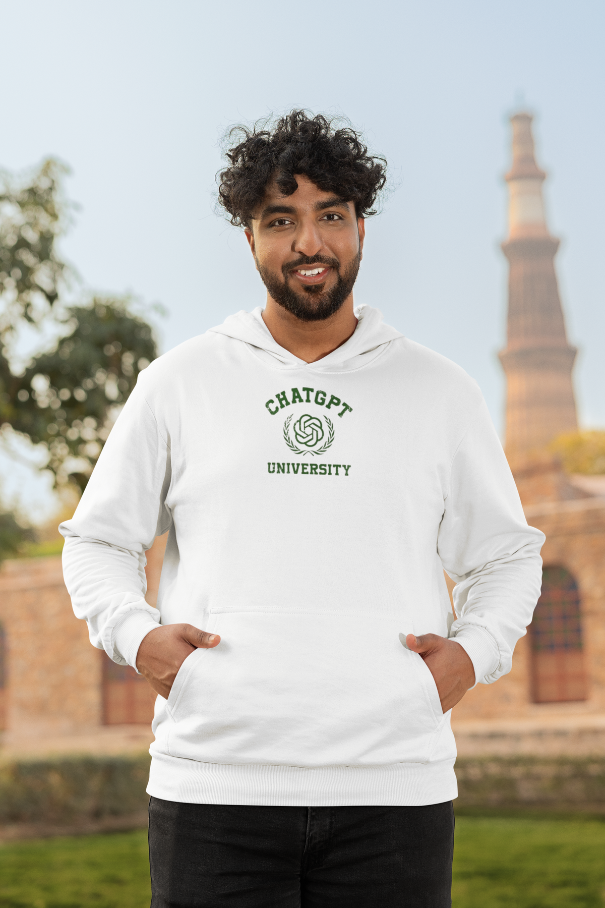 'Chat GPT University Hoodie' in white, man by a historic building, Hoodie mockup, Geekpsters
