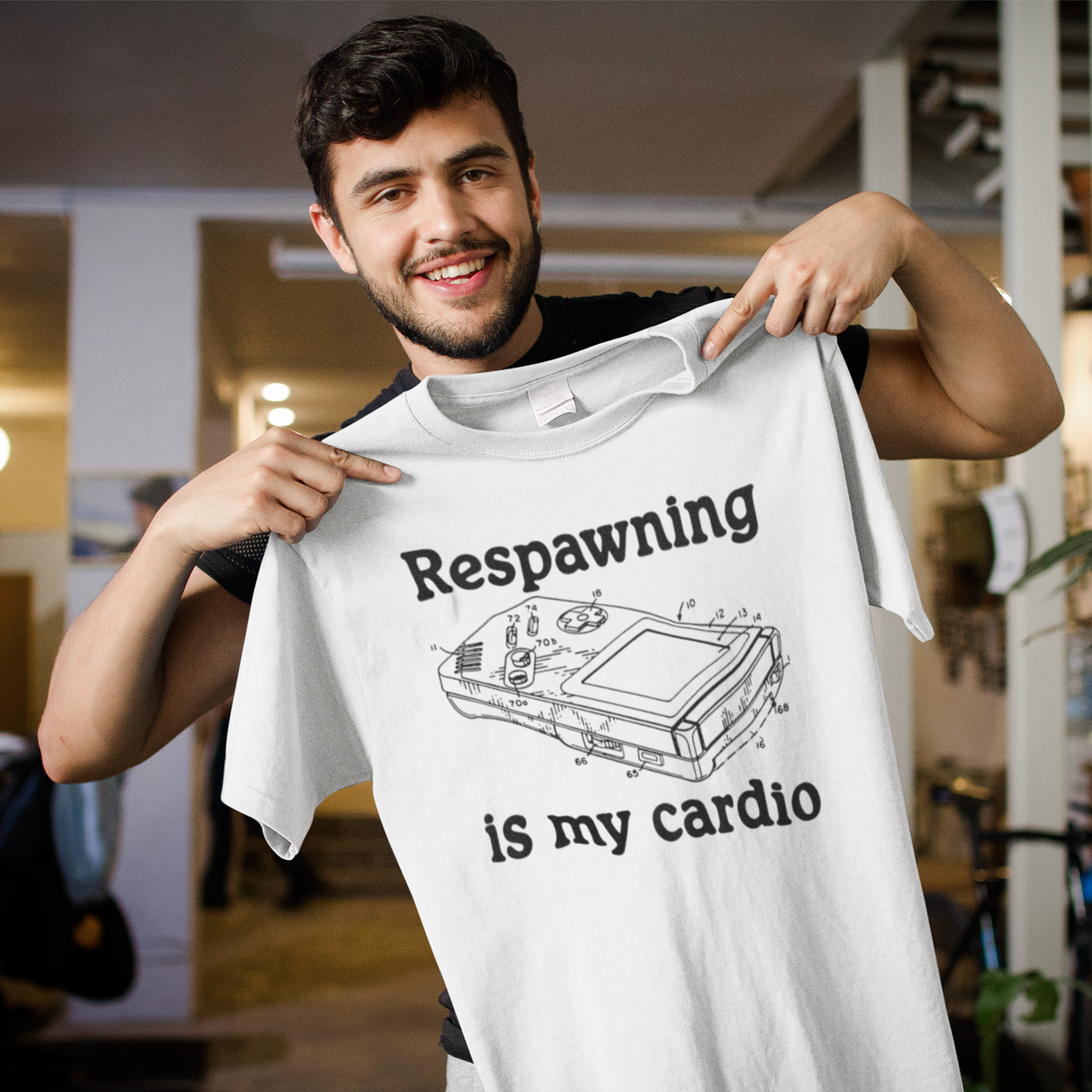 Respawning is My Cardio gamer text graphic tee, model wearing it indoors