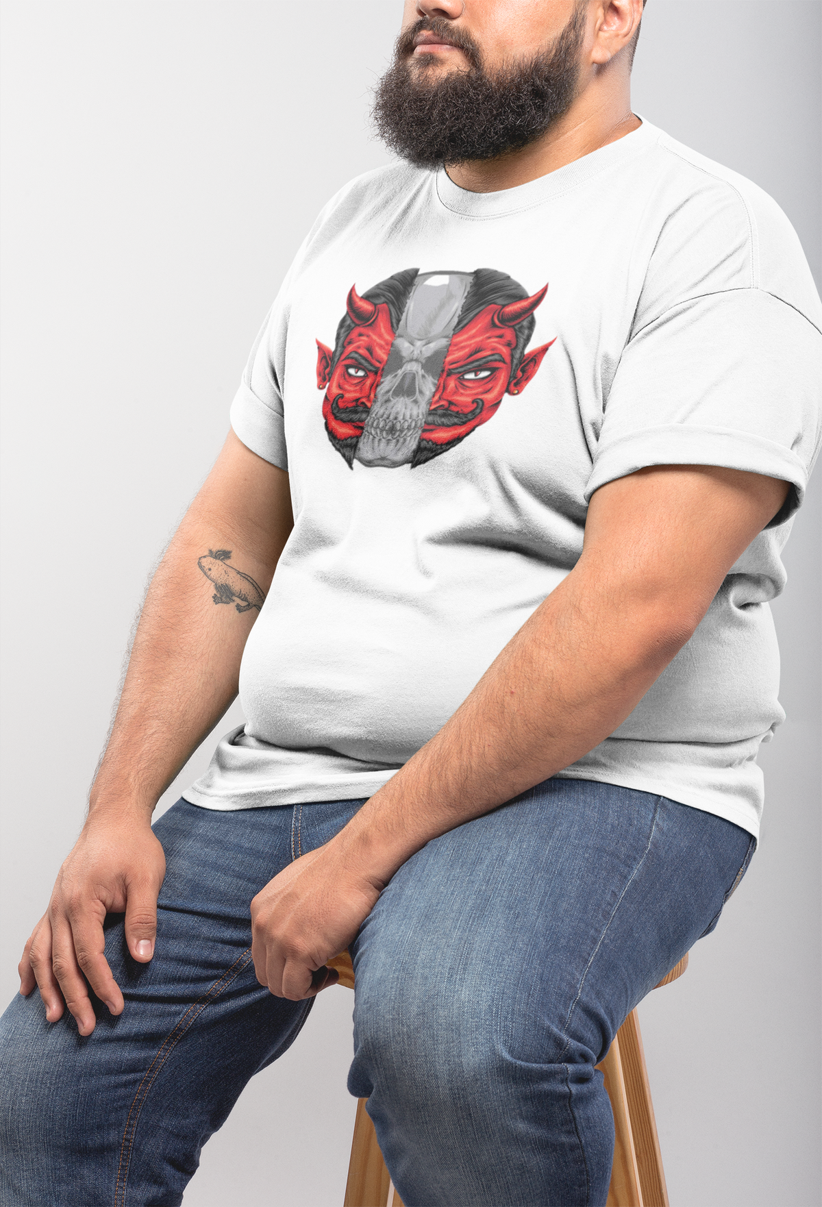 Vixxan Warrior demon skull t-shirt in white, bearded man sitting wearing it