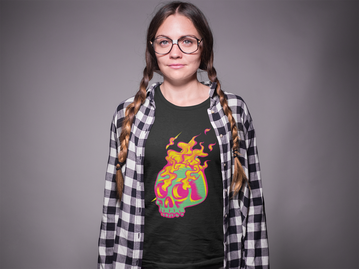 'Skull in Flames' psychedelic skull t-shirt in black, woman wearing it in studio, funny gothic gift for her