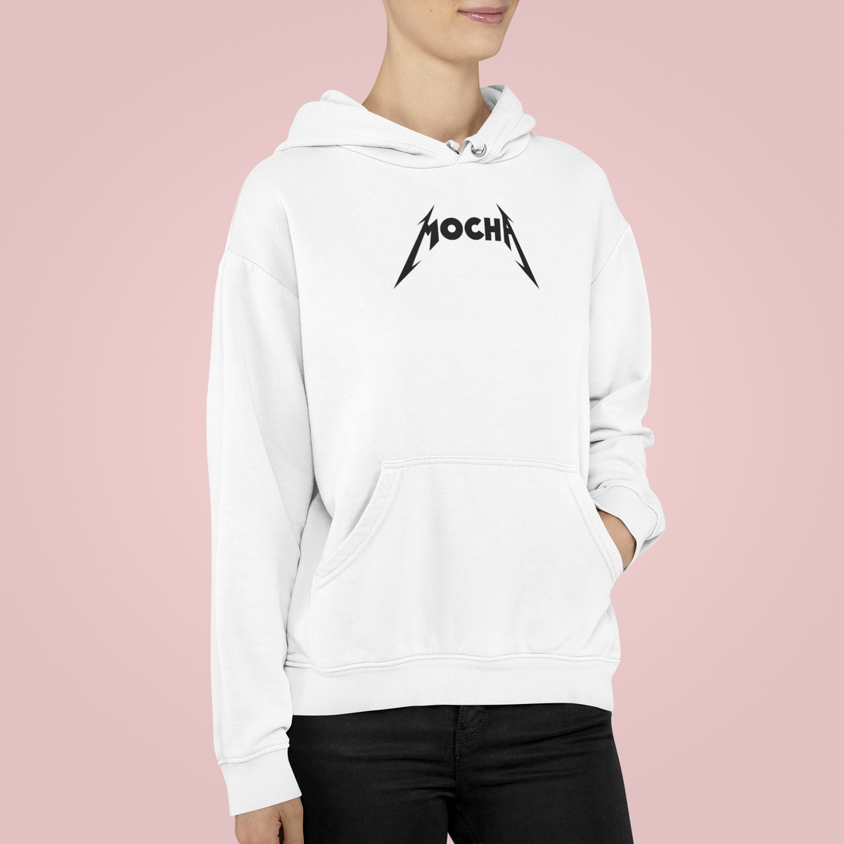 Mocha Hoodie in white, woman on pink background, custom name pullover hoodie gift idea