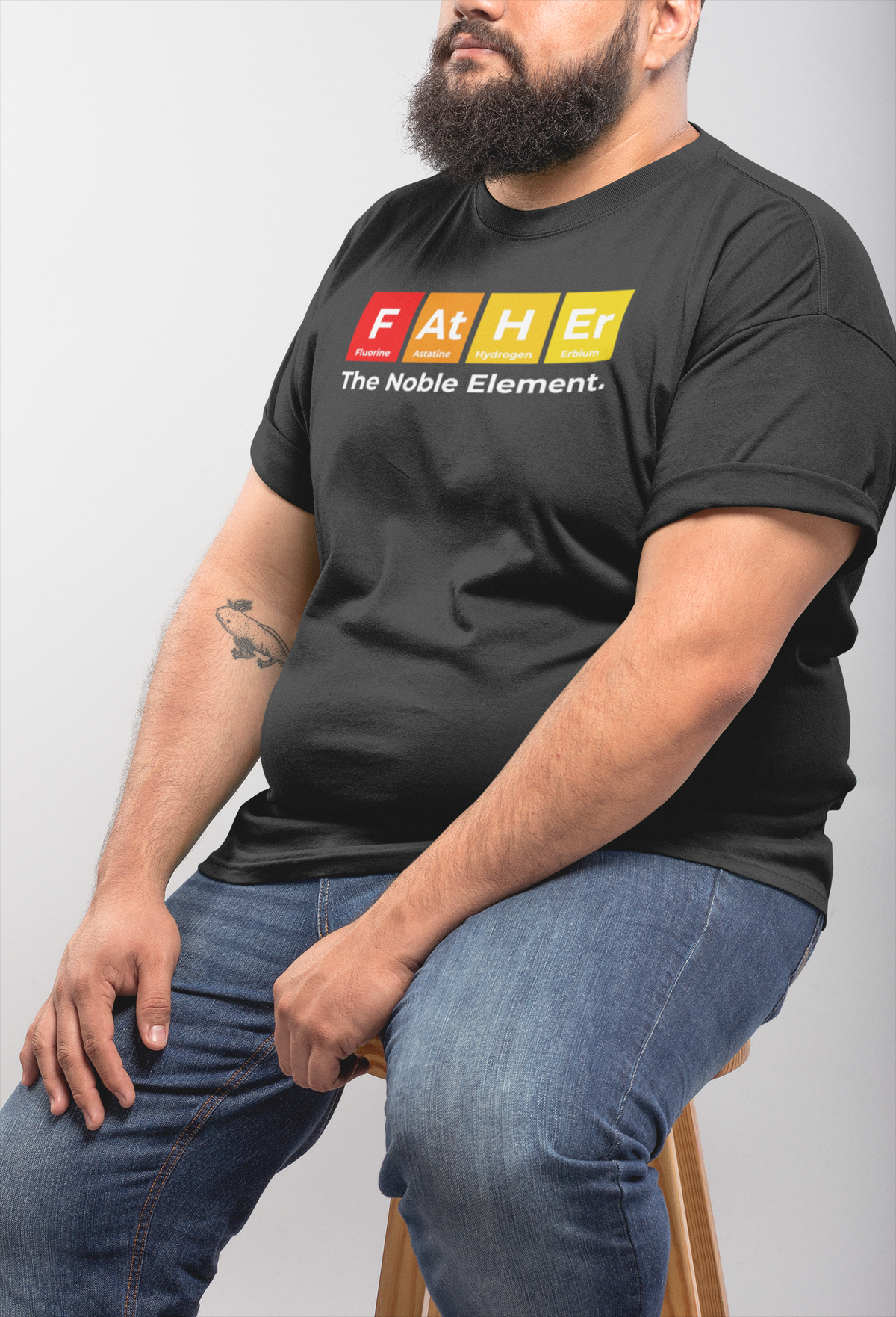 'Father: The Noble Element' t-shirt in charcoal heather, man wearing it, funny tee gift for dad