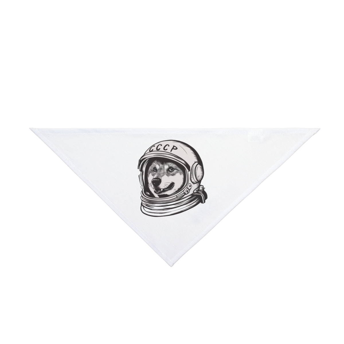 The CCCP Astronaut Dog - Pet Bandana is a white triangular accessory featuring a black and white illustration of a dog in a USSR cosmonaut helmet labeled "CCCP," ideal for fans of geeky clothing and nerd culture.