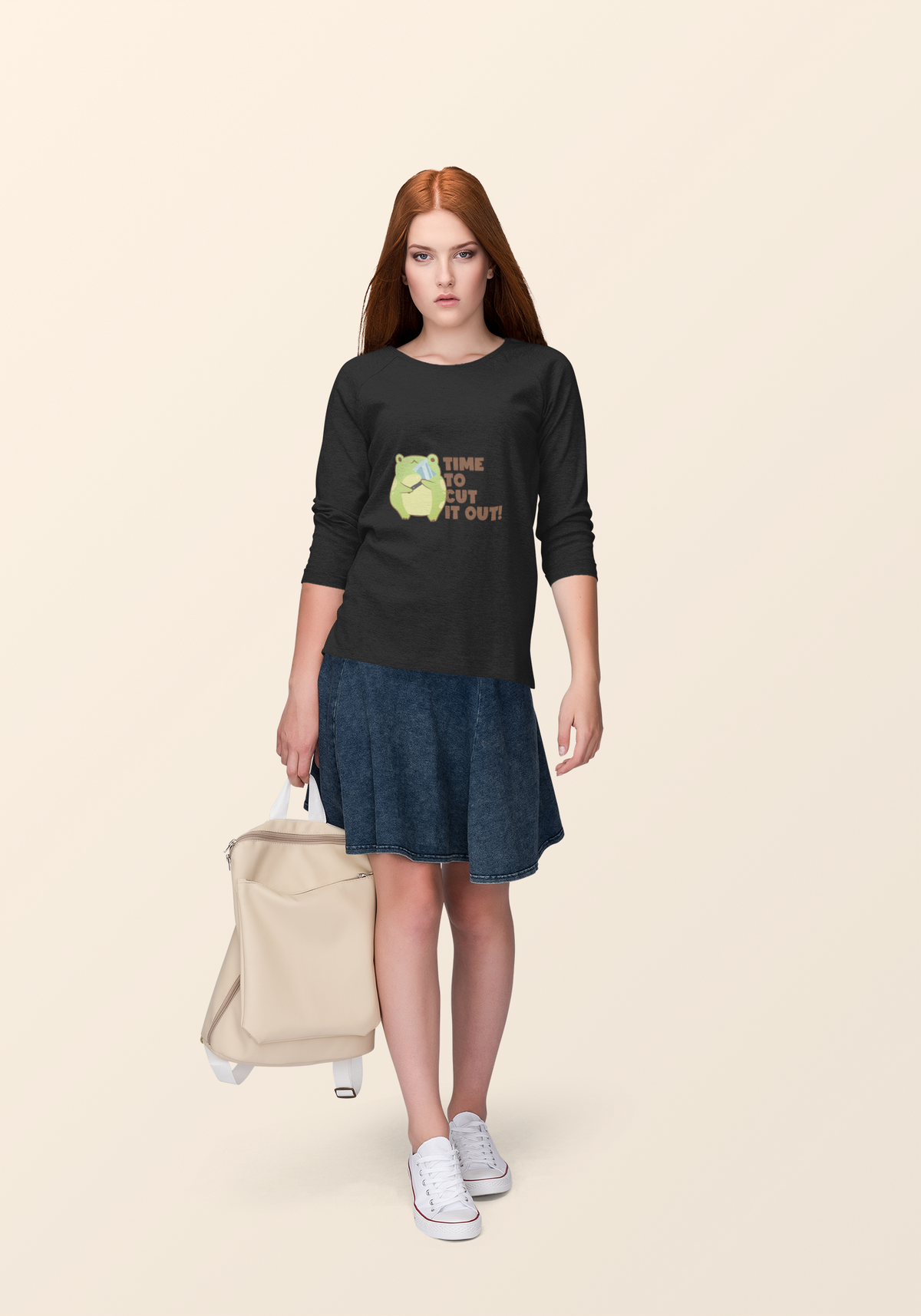 'Time to Cut It Out' frog sweatshirt in charcoal, woman wearing it with a skirt, funny science gift