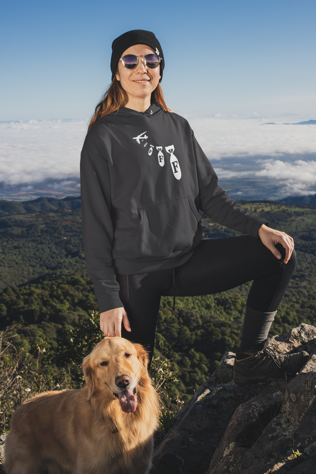 "F Bomb" hoodie in charcoal, woman hiking with her dog, funny sarcastic gift hoodie