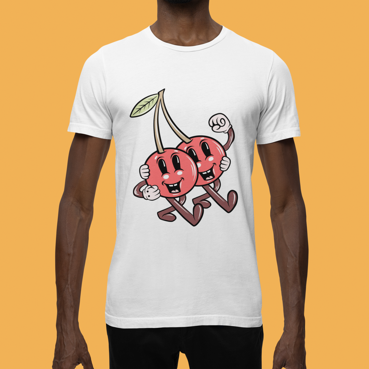 Cheery cartoon cherries t-shirt in white, man modeling it, funny cute gift for fruit lovers