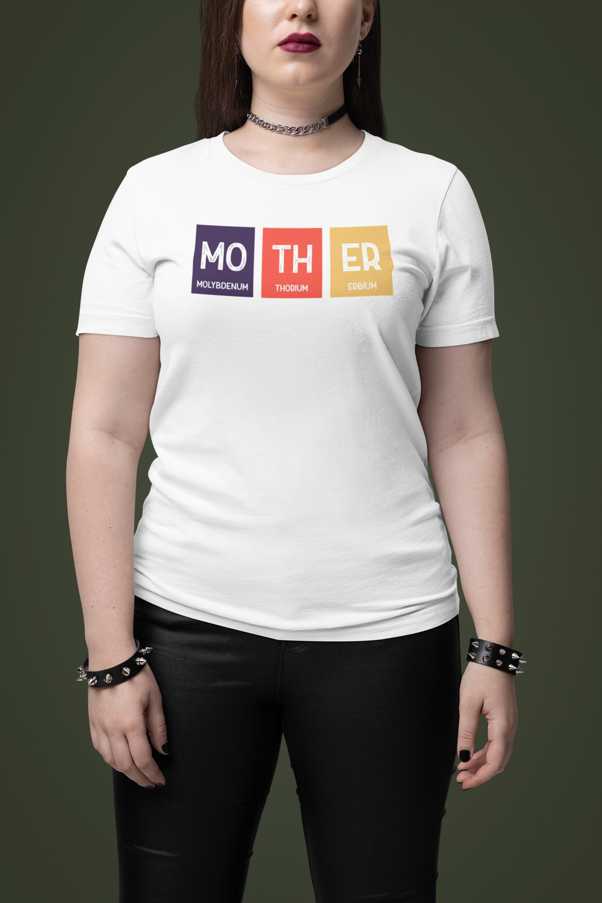 'Mother' periodic table t-shirt in white, woman modeling it, funny science pun gift for mom