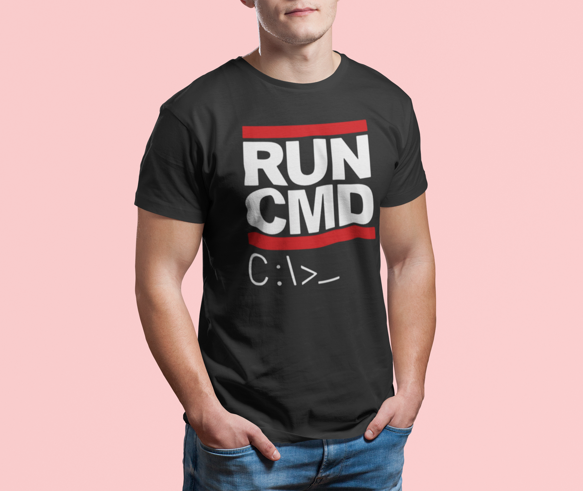 'Run CMD' terminal t-shirt in black, man wearing it on pink background, funny developer gift