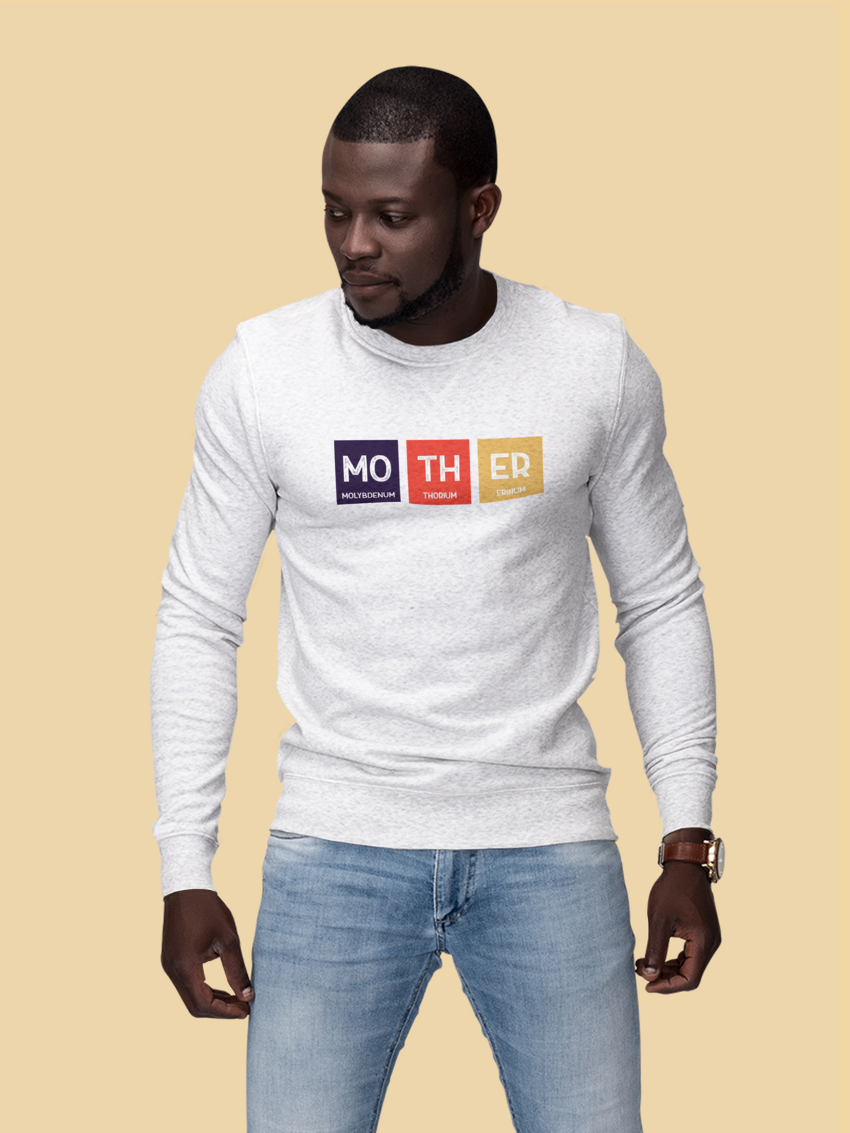 'Mo-TH-ER' periodic table sweatshirt in heather grey, man wearing it, casual lifestyle photo