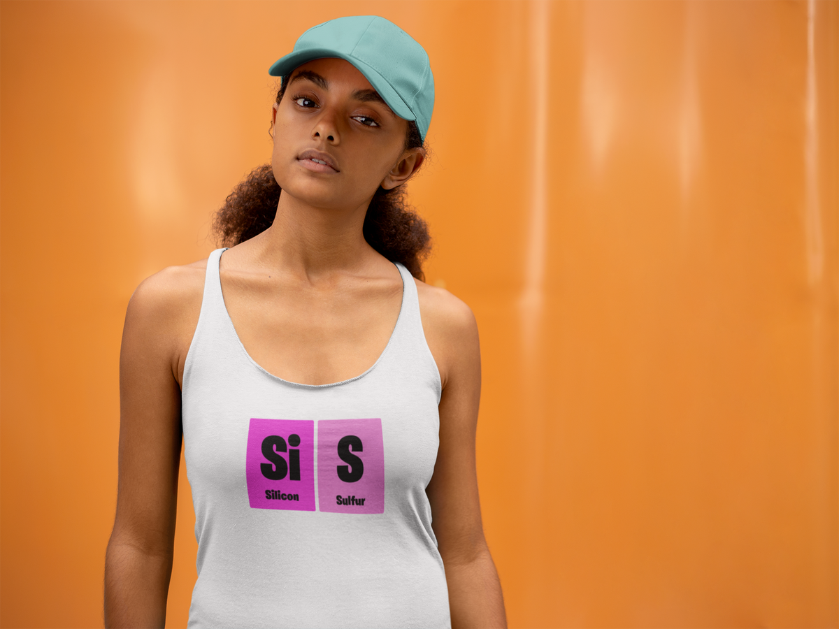 'Si-S Periodic Table Women's Tank' in white, woman by an orange wall, Tank Top mockup, Geekpsters