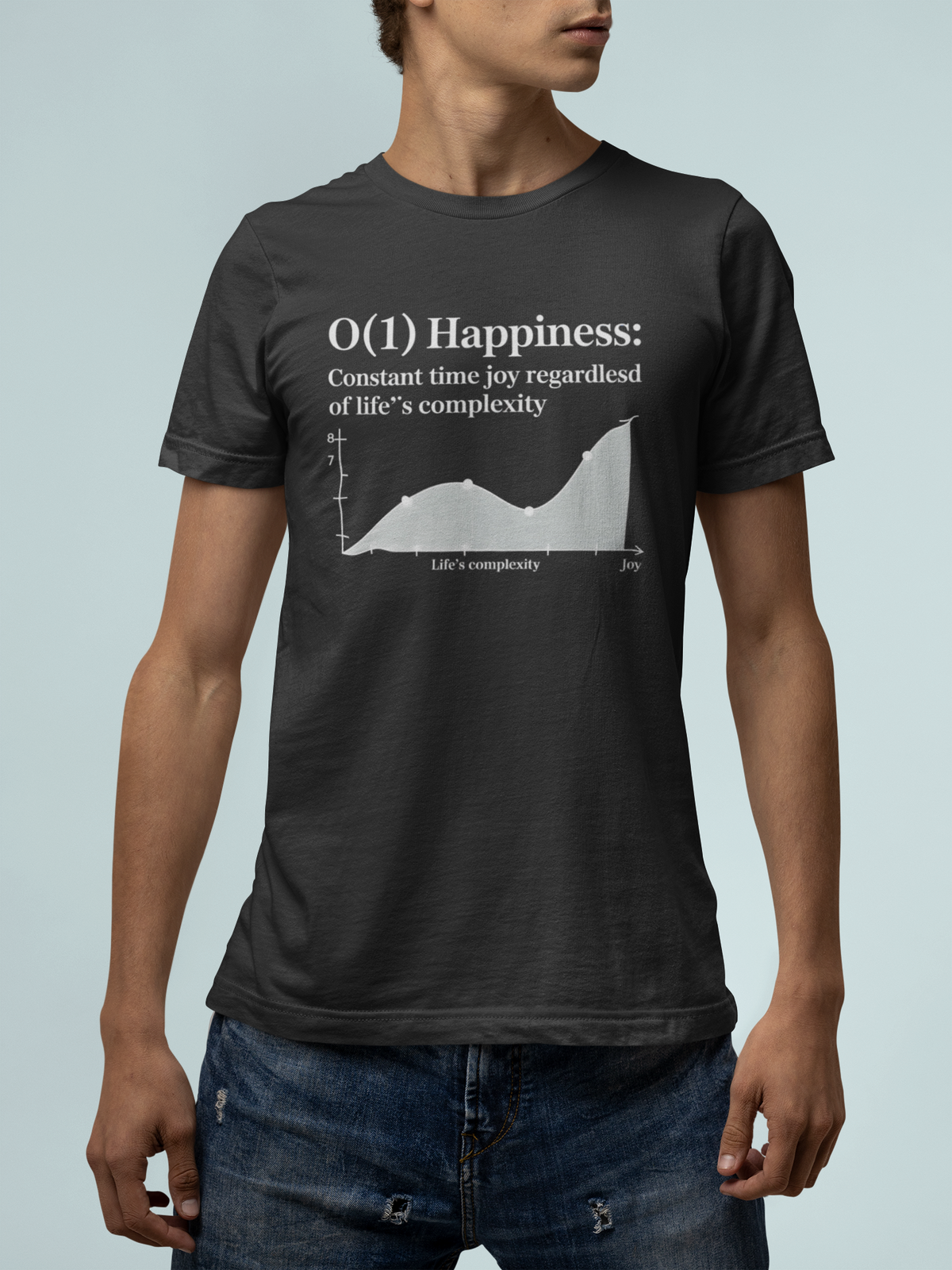 ‘O(1) Happiness’ black tee, man wearing it, funny algorithm pun gift for developers