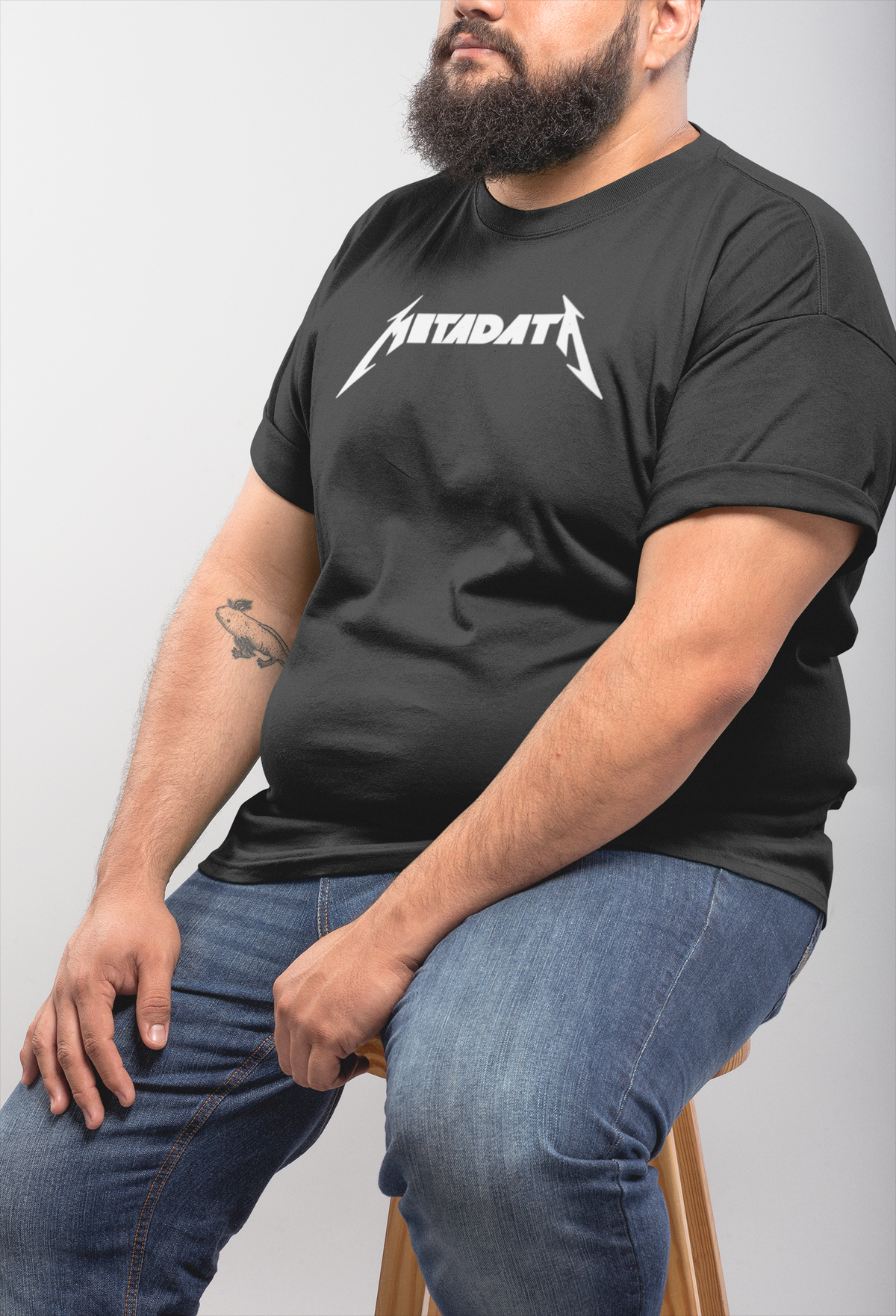 'Metadata' t-shirt in charcoal, heavyset man sitting, funny data nerd t-shirt gift for coders