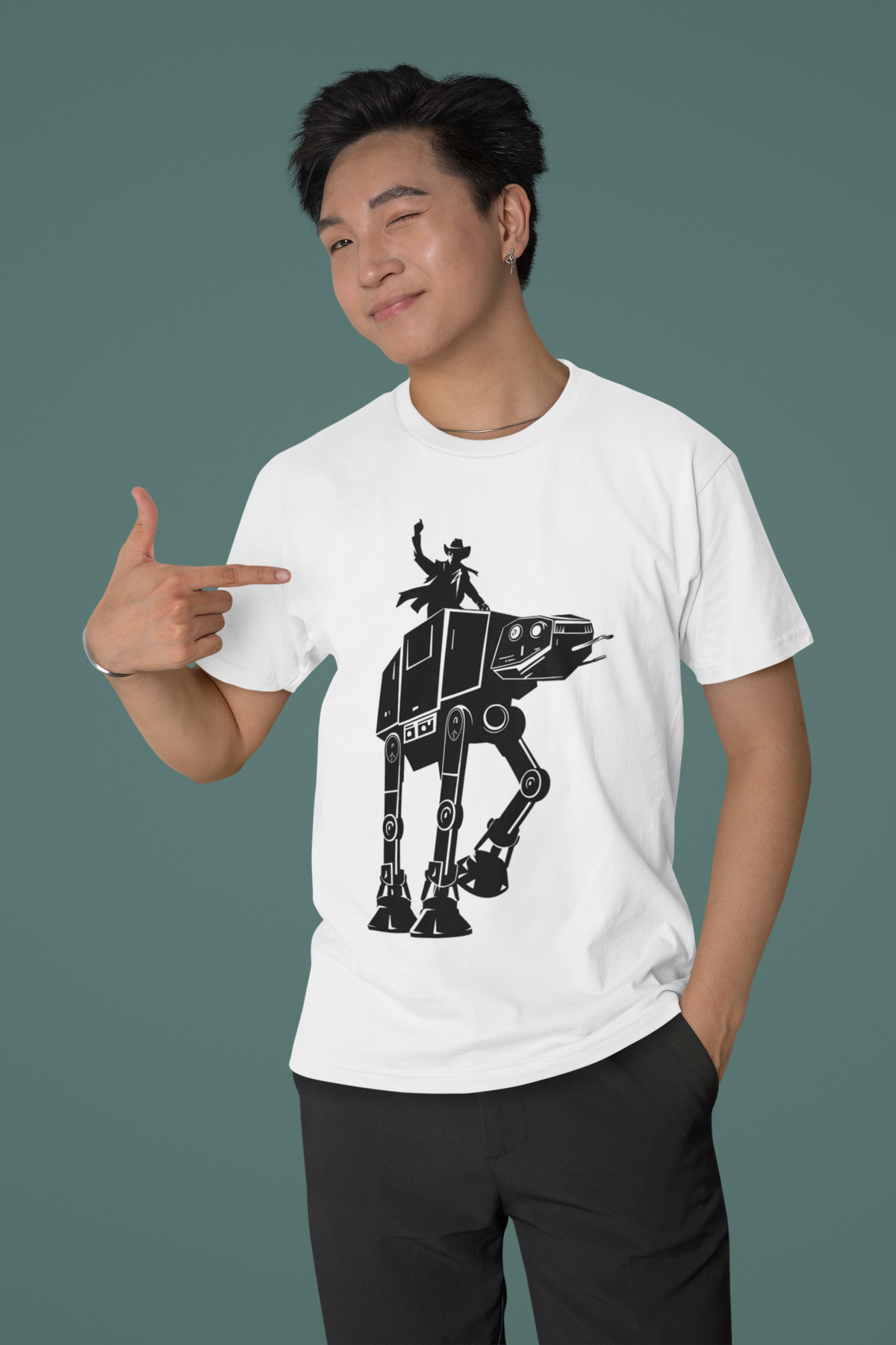 'Riding AT-AT' t-shirt in white, man wearing it on green background, funny sci fi t-shirt gift
