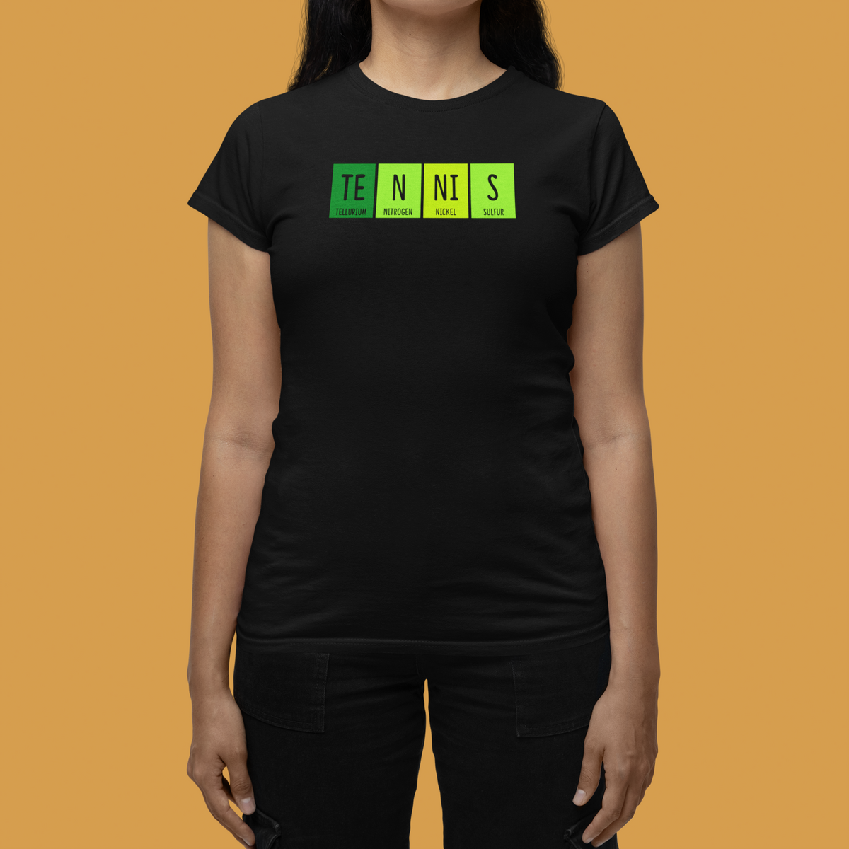 'Tennis' periodic table women's t-shirt in black, close-up of woman wearing it, funny chemistry tennis fan gift