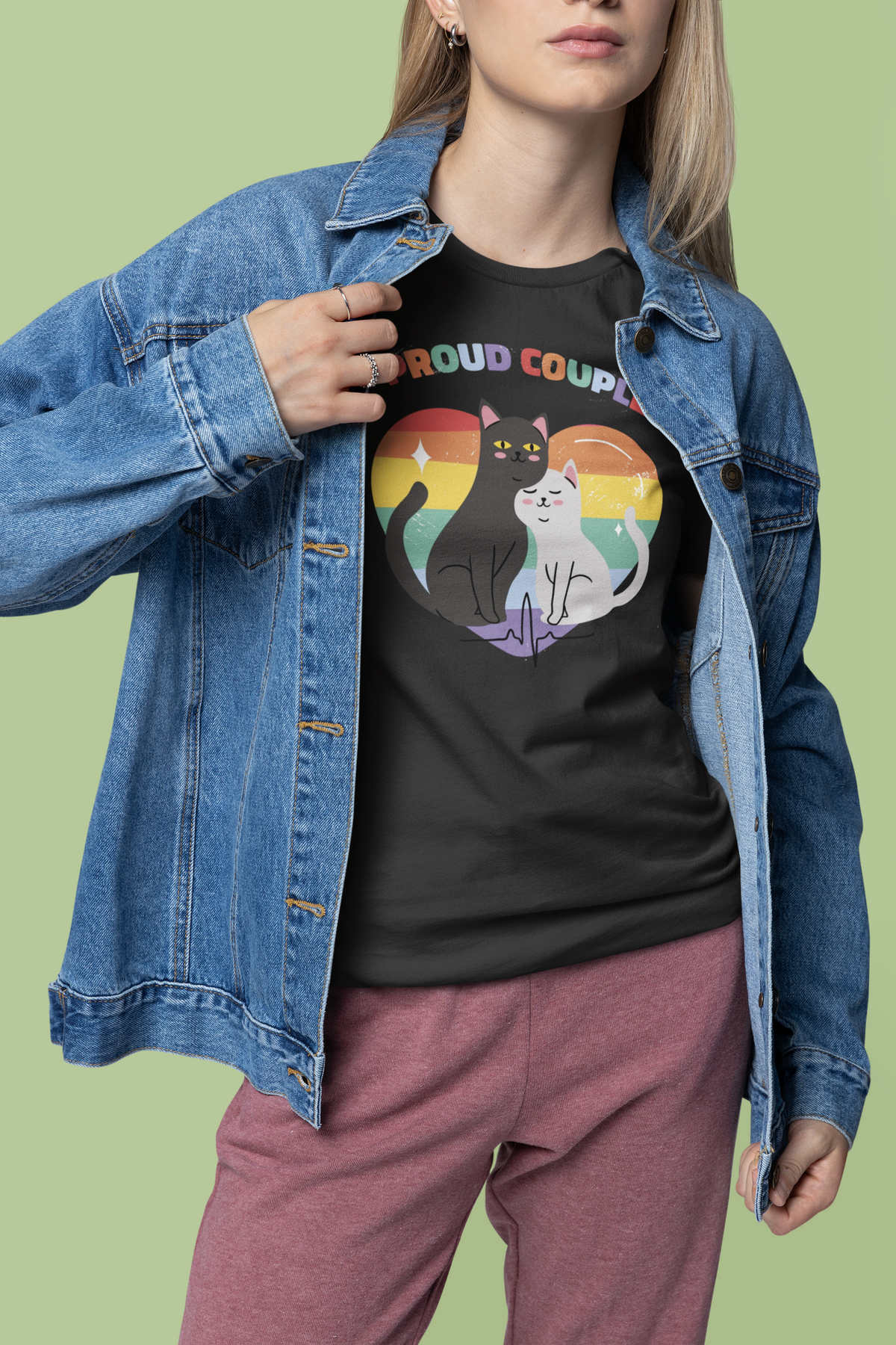 'Proud Couple of Cats' t-shirt in black, woman wearing it under an open denim jacket