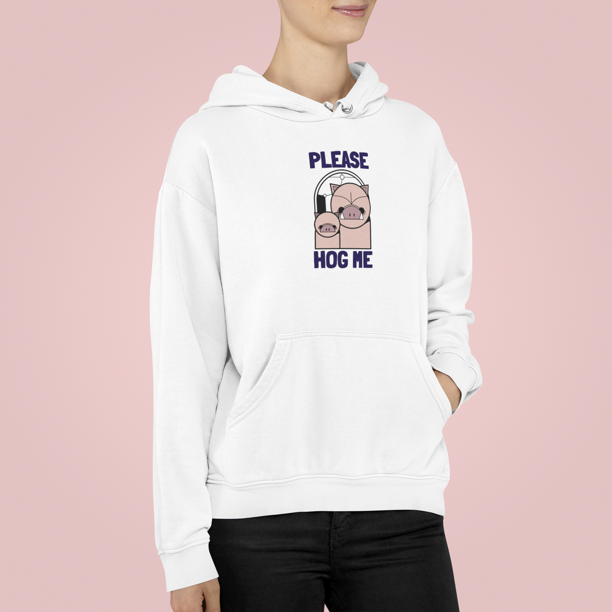 'Please Hog Me' pig graphic hoodie in white, woman wearing it, pink backdrop, funny pig pun gift