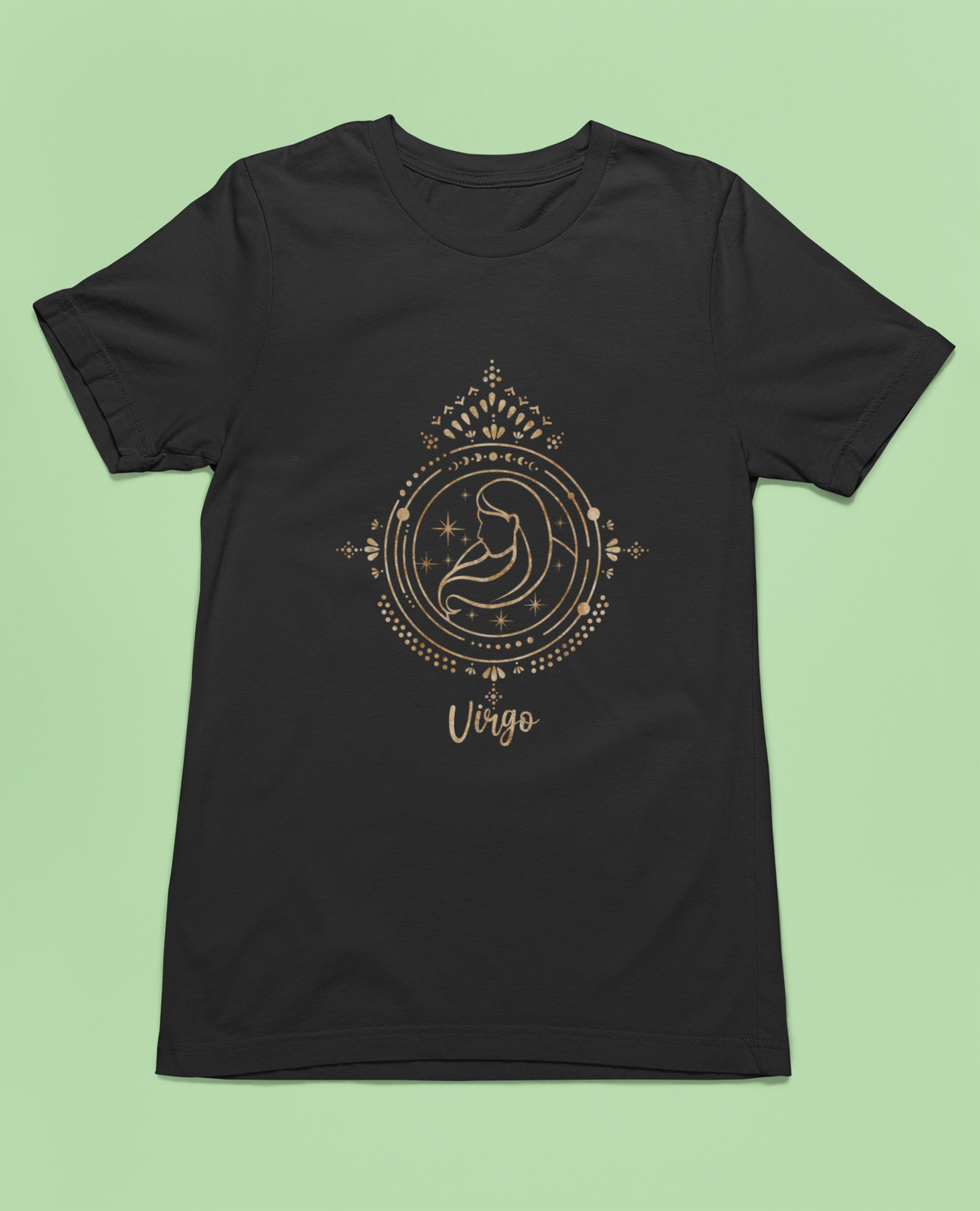 Virgo zodiac T-shirt in black, flat lay on a green backdrop, funny gift for zodiac lovers