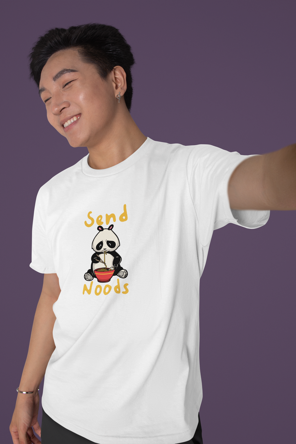 'Send Noods' panda t-shirt in white, smiling man taking a selfie, funny noodle pun gift shirt