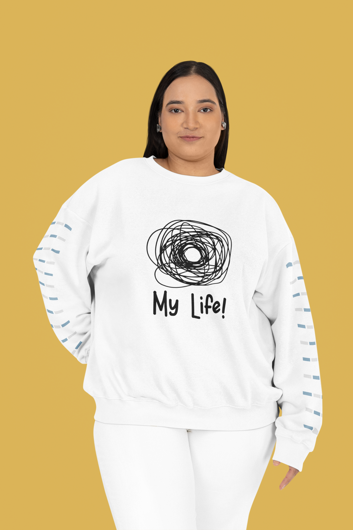 'My Life!' scribble sweatshirt in white, woman wearing it, funny sarcastic gift sweatshirt