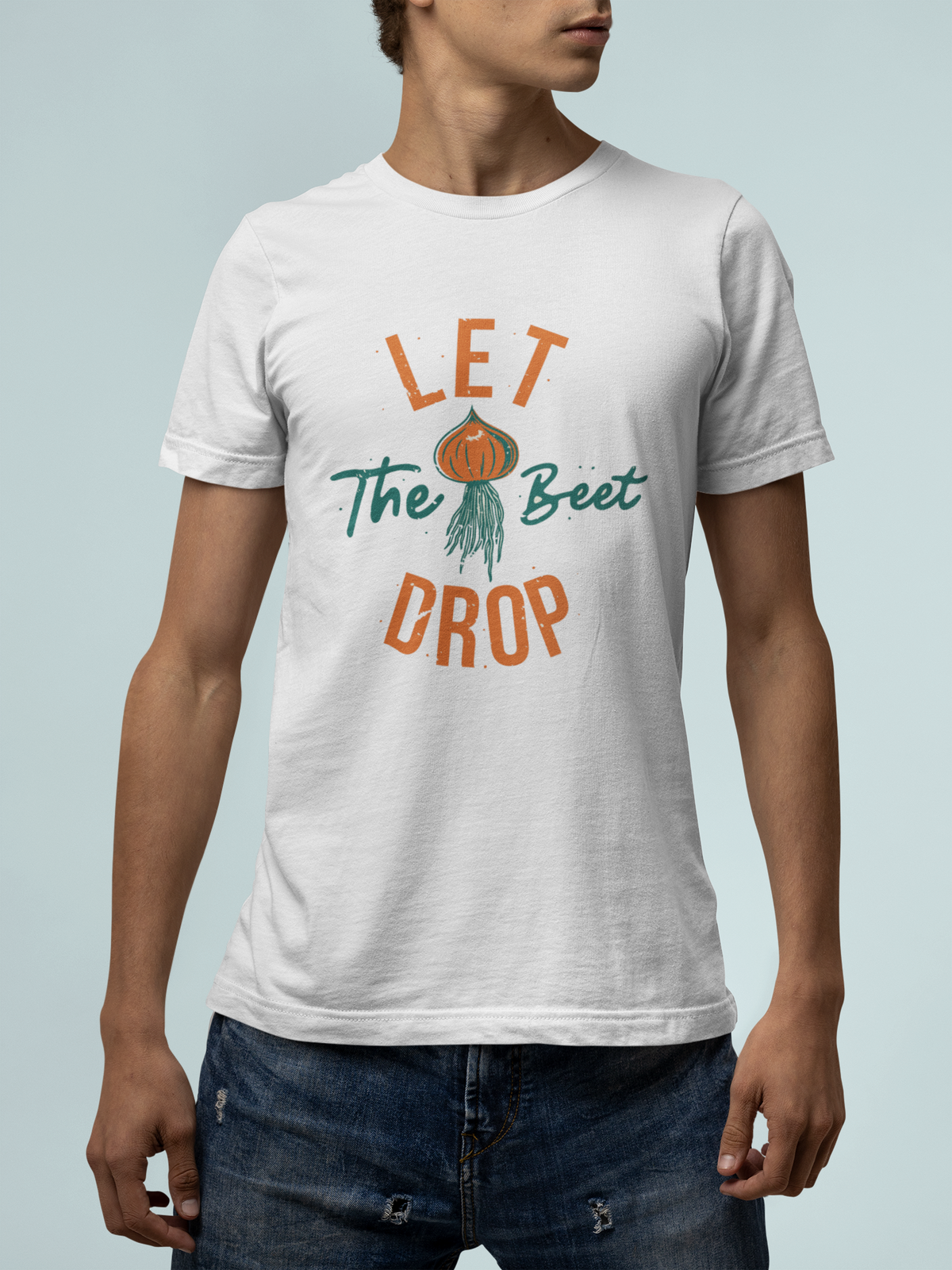 'Let the Beet Drop' t-shirt in white, man wearing it, funny gift for gardeners and vegetable lovers