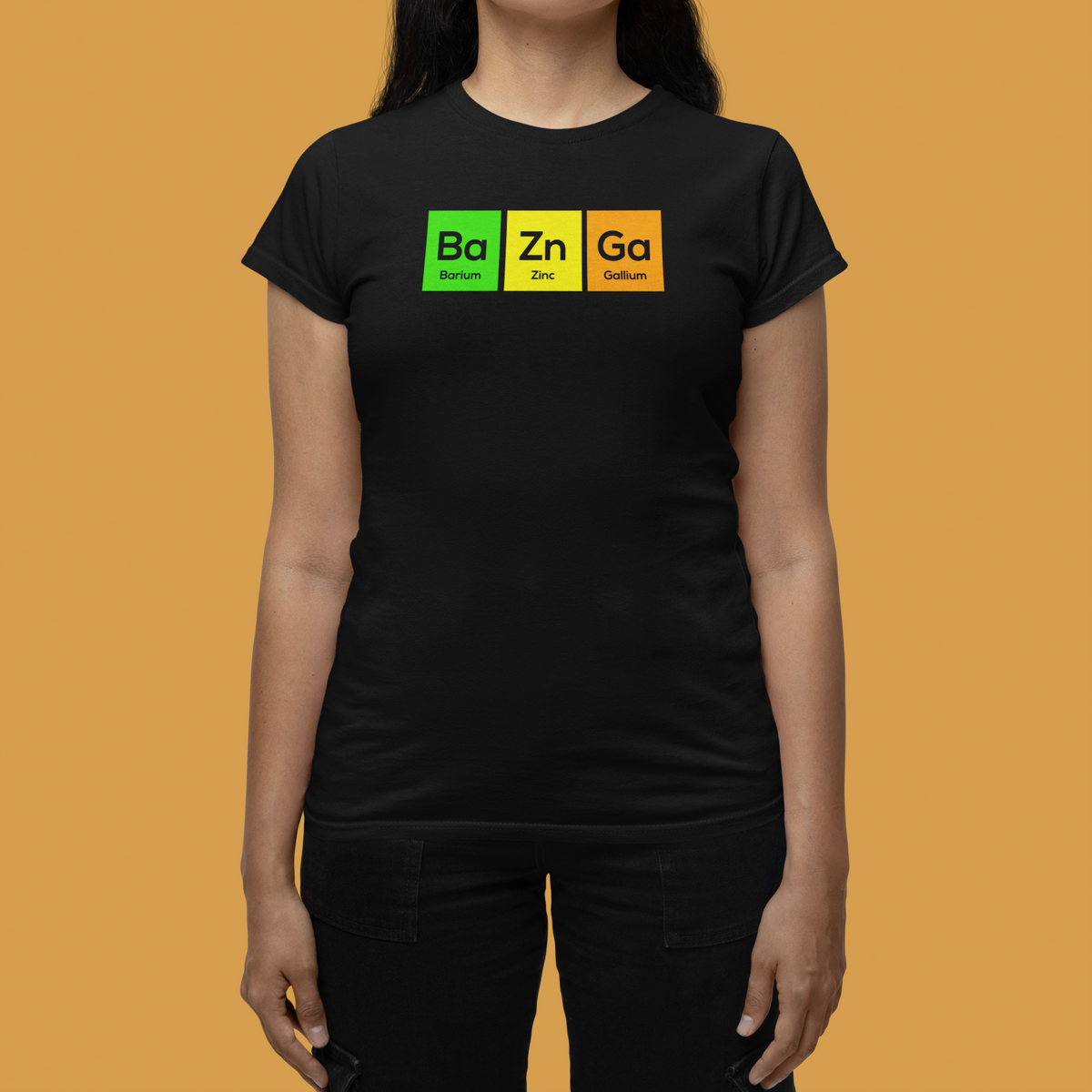 Ba-Zn-Ga periodic table Bazinga element pun women's relaxed-fit tee, model wearing it in natural light