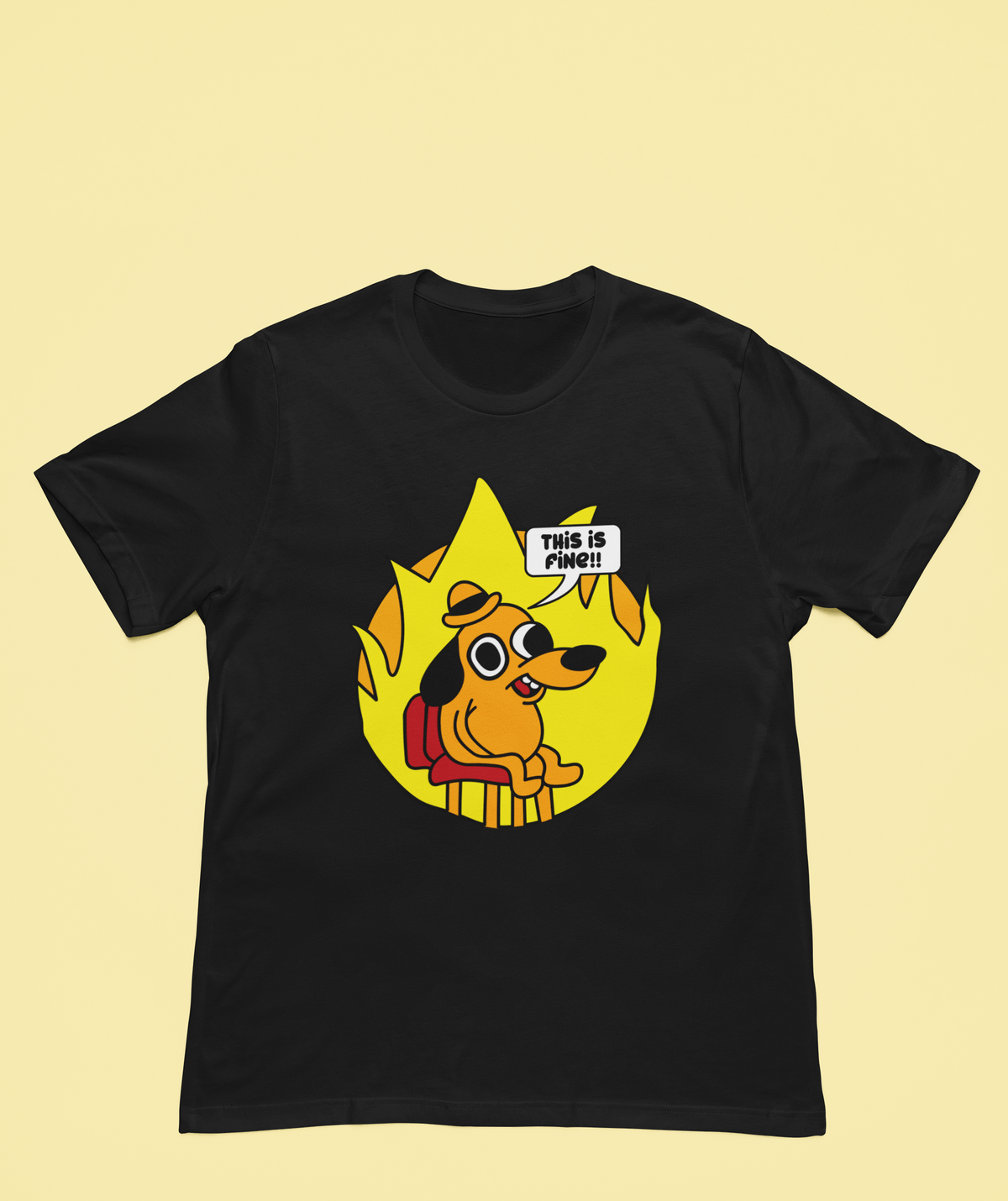 ‘This Is Fine’ meme dog black tee, flat lay on yellow backdrop, funny internet meme gift