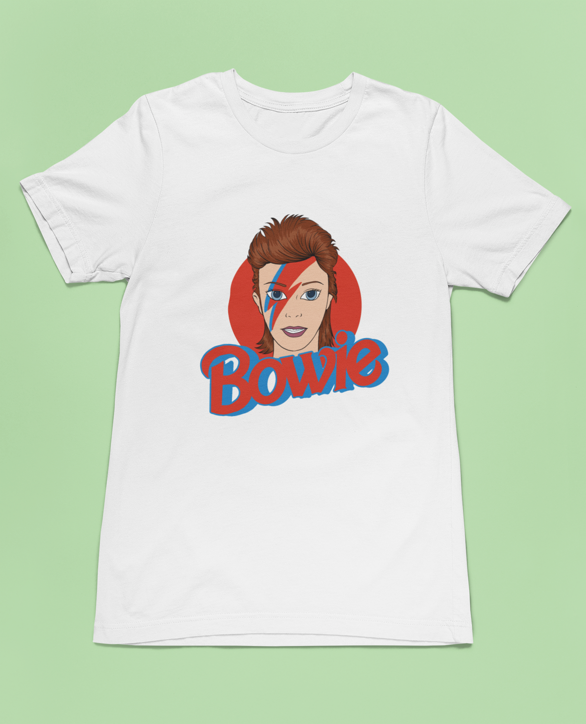 'Bowie' t-shirt in white, flat lay on green background, retro rock music fan tee