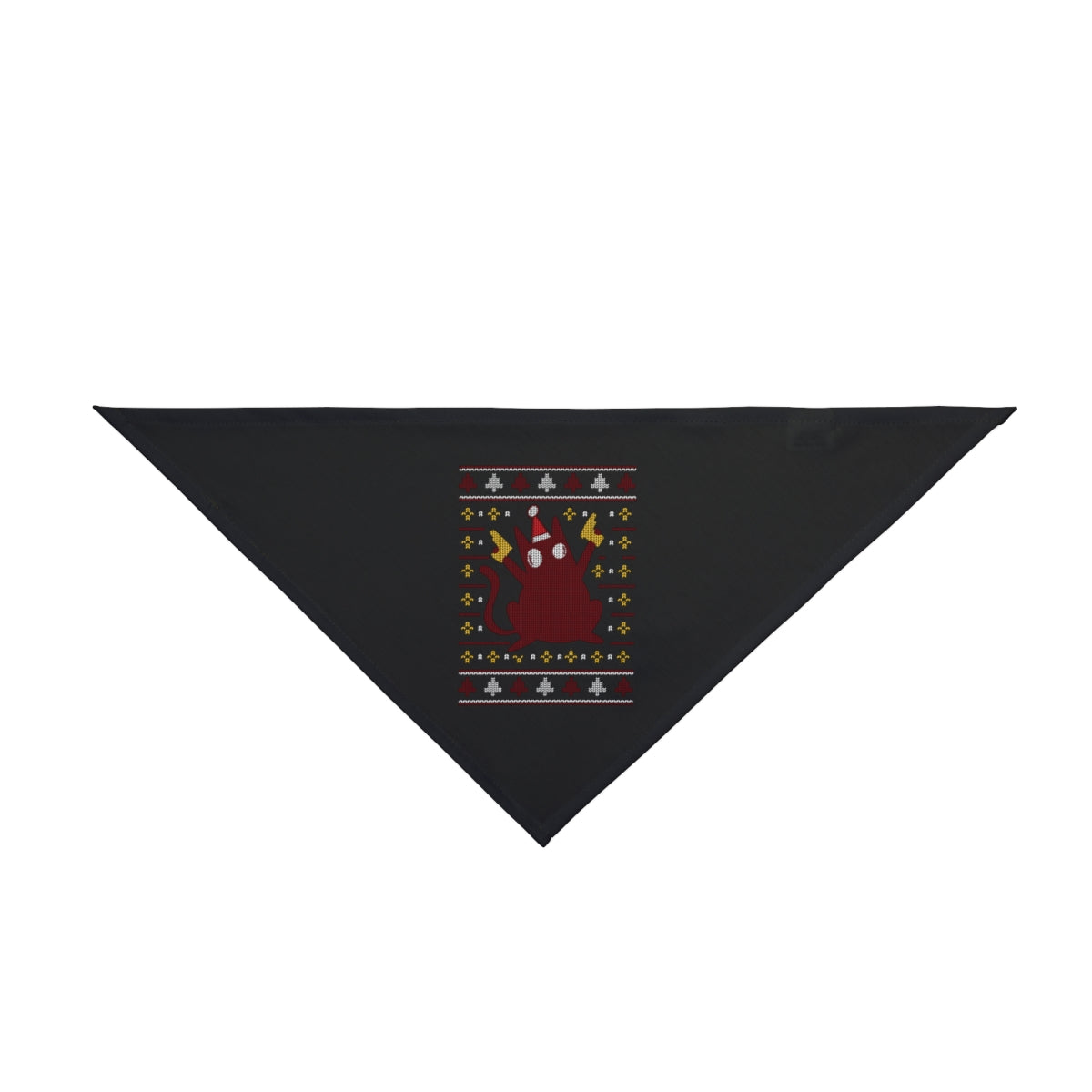 Ugly Sweater Cat - Pet Bandana: Black triangular bandana with a central red ghost graphic and yellow, gray, and white patterns—an ideal fan accessory to pair with any geek or nerdy shirt.