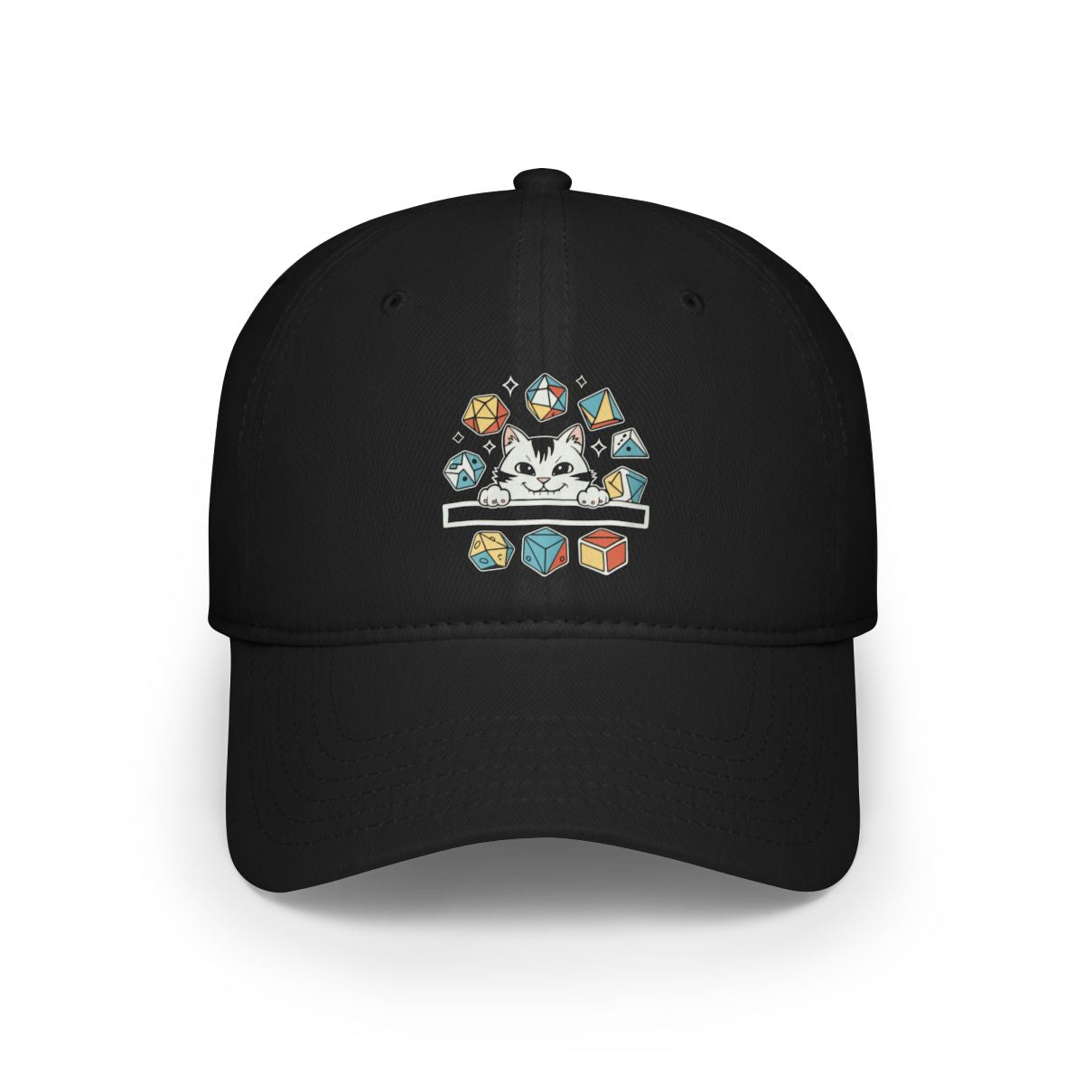 The Cat Dice - Hat is a black baseball cap showcasing a design motif of a cat's head surrounded by vibrant geometric shapes on the front, crafted from strong fabric.