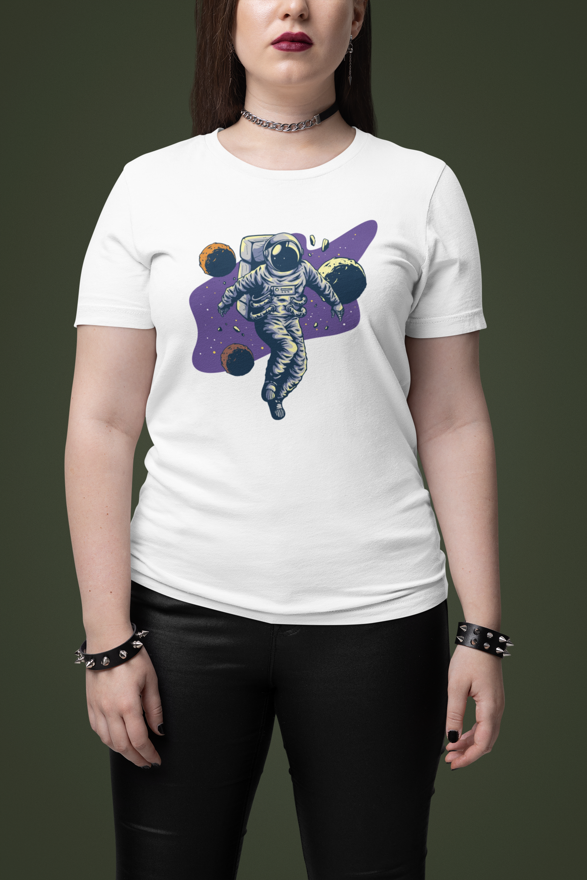 'Spacing Out' astronaut t-shirt in white, woman wearing it in studio, funny space shirt for women