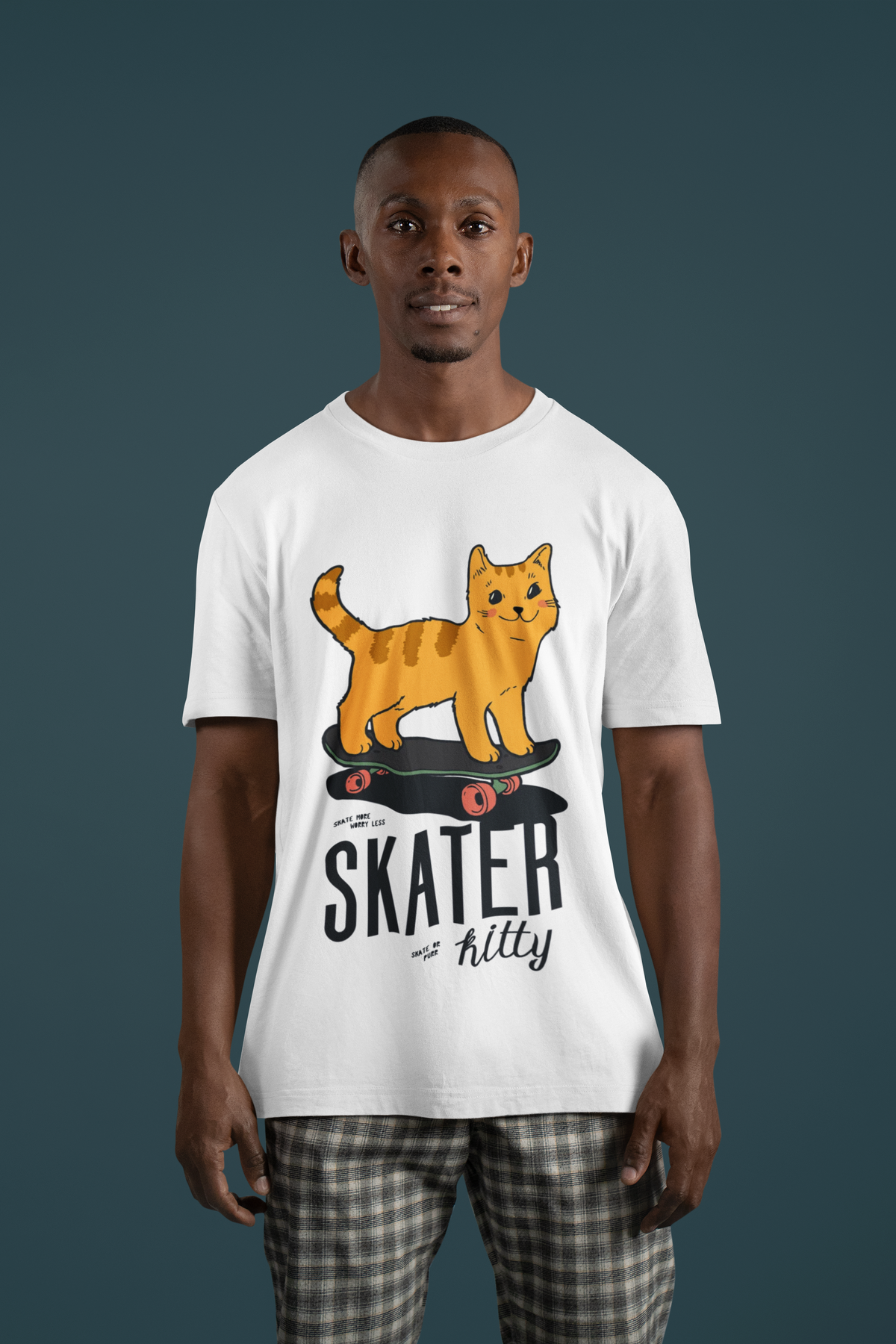"Skater Kitty" cat on skateboard t-shirt in white, man wearing it, funny gift for cat lovers
