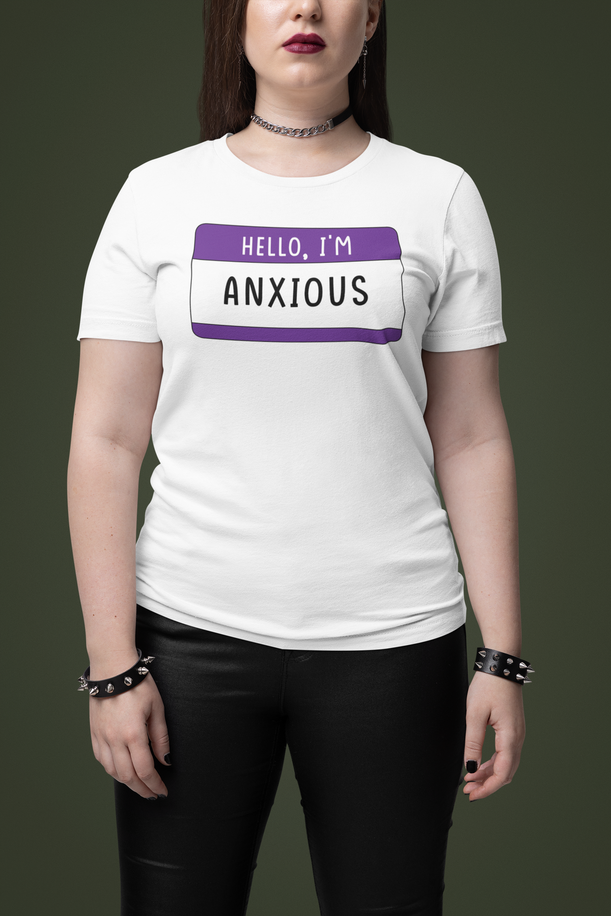 Hello I'm Anxious name tag T-shirt in white, woman wearing it, front view, mental health gift tee