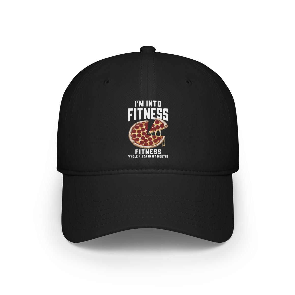 The "Im into Fitness - Hat" is a black baseball cap featuring an embroidered pizza slice and the phrase "I'M INTO FITNESS FITNESS WHOLE PIZZA IN MY MOUTH"—a playful accessory for anyone who loves humor and geek chic style.