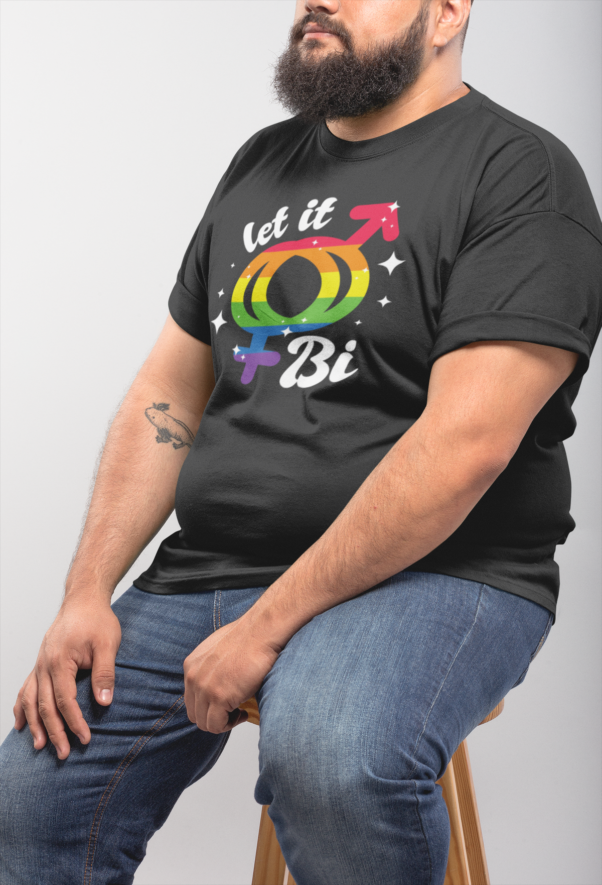 'Let It Bi' T-shirt in black, bearded man wearing it, funny gift for bisexual pride