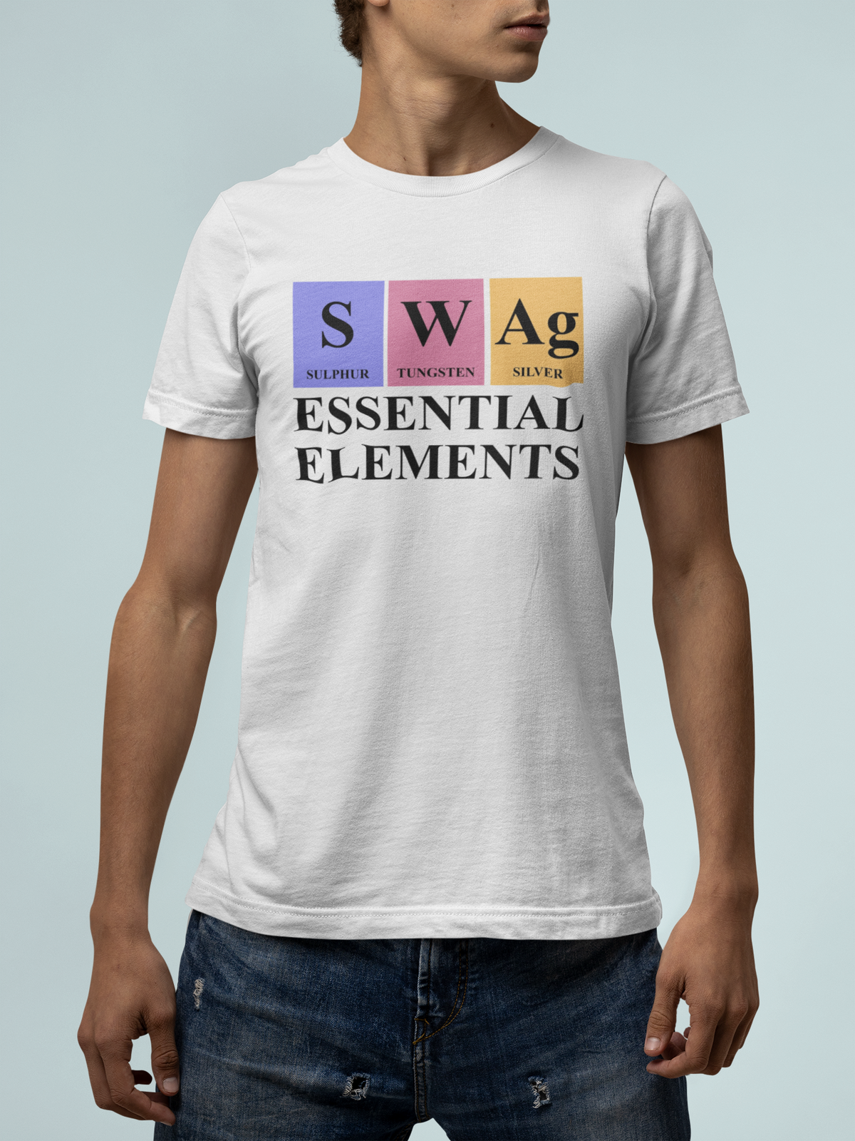 'SWAg, Essential Elements' periodic table t-shirt in white, man wearing it, funny chemistry pun tee