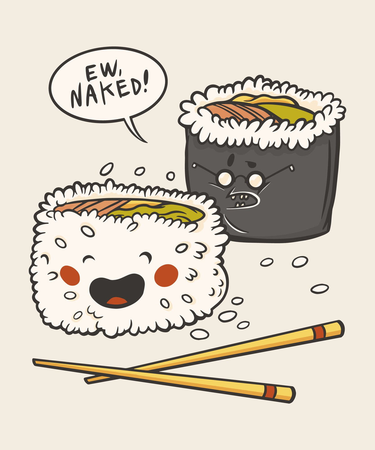 Naked Sushi print artwork, cartoon sushi rolls and chopsticks, Ew Naked food pun design