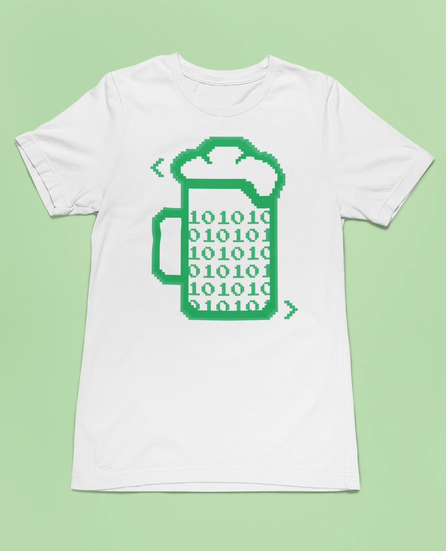 This is How I Love to Code T-Shirt made from premium cotton featuring a pixelated design of a mug filled with binary code symbolizing coding skills on a green background, designed for long-lasting wear.