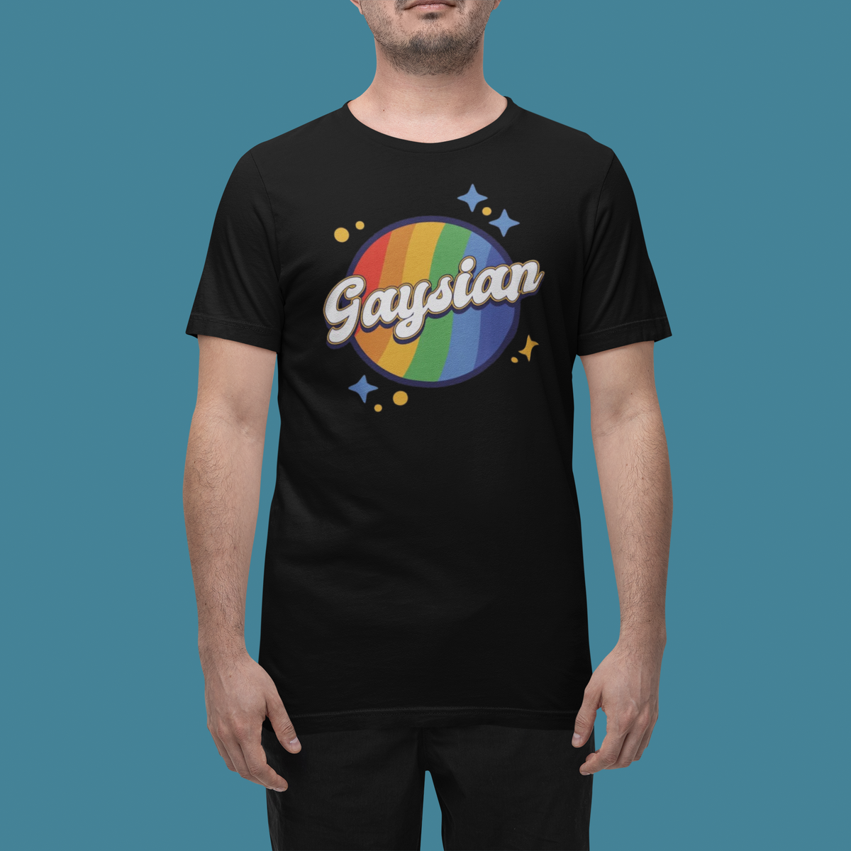 'Gaysian' t-shirt in black, man wearing it in a studio, T-Shirt mockup, Geekpsters